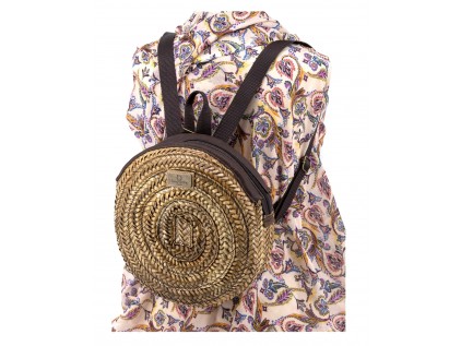 Mochila redonda de palma con cremallera camel